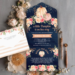 Invitación Todo En Uno Ducha de bebé floral rosa melocotón calabacita peq