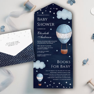 Invitación Todo En Uno Ducha de Bebé Globo Aerostático Antiguo Azul Marin
