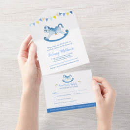 Invitación Todo En Uno Ducha de bebé hobby hobby caballo azul acuarela