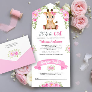 Invitación Todo En Uno Ducha de Bebé Jirafa Floral Acuarela Rosa