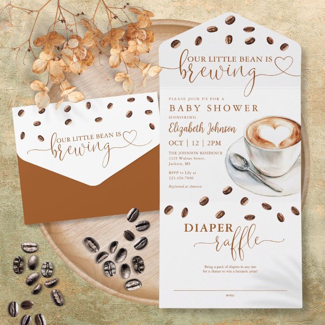 Invitación Todo En Uno Ducha de Bebé Little Bean Brewing Coffee (Little Bean Brewing Coffee Baby Shower All In One Invitation)