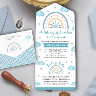 Invitación Todo En Uno Ducha de bebé Little Sunshine Blue Boho Rainbow