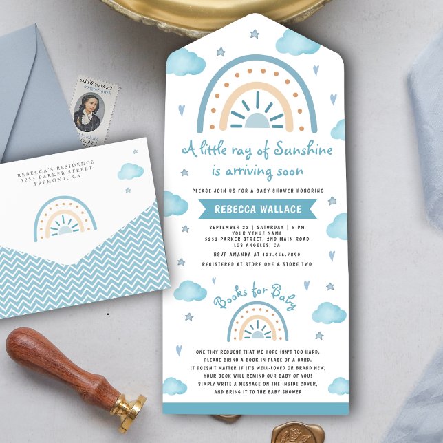 Invitación Todo En Uno Ducha de bebé Little Sunshine Blue Boho Rainbow (Subido por el creador)