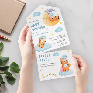 Invitación Todo En Uno Ducha de Bebé Luna Creciente Tigre Dormido Lindo