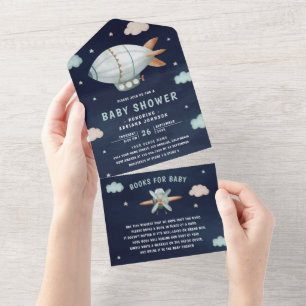 Invitación Todo En Uno Ducha de Bebé Marina Dirigible Retro Vintage Cute