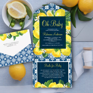 Invitación Todo En Uno Ducha de bebé Mediterráneo Azulejo Limón Navy
