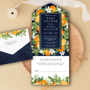 Invitación Todo En Uno Ducha de bebé naranja cítrico mandarina rústica na