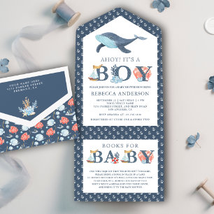 Invitación Todo En Uno Ducha de bebé náutica de ballena bajo el mar rústi