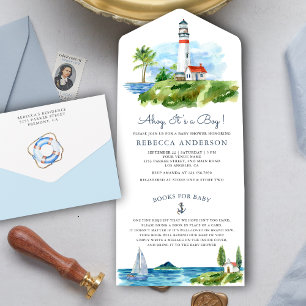 Invitación Todo En Uno Ducha de bebé náutica de faro con acuarela