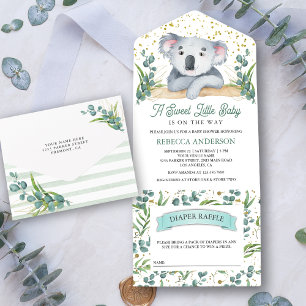 Invitación Todo En Uno Ducha de Bebé Oso Koala Lindo Eucalipto Rústico