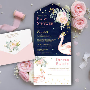 Invitación Todo En Uno Ducha de Bebé Princesa Cisne Floral Rosa Rubor Azu