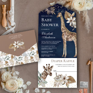 Invitación Todo En Uno Ducha de bebé safari salvaje azul marino boho