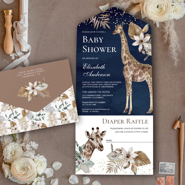 Invitación Todo En Uno Ducha de bebé safari salvaje azul marino boho (Subido por el creador)