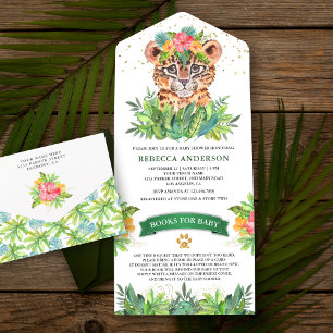 Invitación Todo En Uno Ducha de Bebé Safari Selva Tropical Rústica Leopar