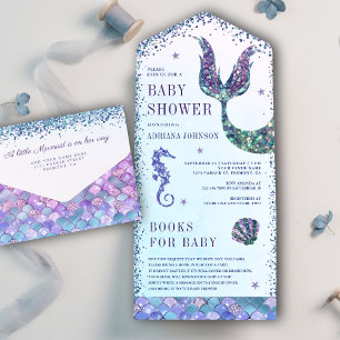 Invitación Todo En Uno Ducha de bebé sirena púrpura bajo el mar