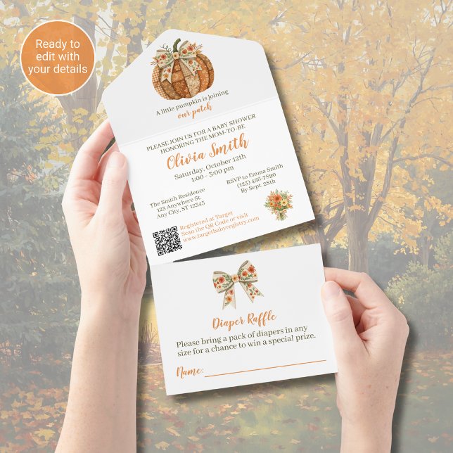 Invitación Todo En Uno Ducha de bebé temática de calabaza patchwork (Subido por el creador)