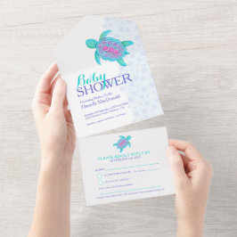 Invitación Todo En Uno Ducha de bebé tortuga acuática azul rosa