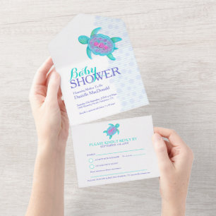 Invitación Todo En Uno Ducha de bebé tortuga acuática azul rosa