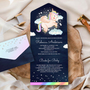 Invitación Todo En Uno Ducha de bebé Unicornio Volador Estrellas Nocturna