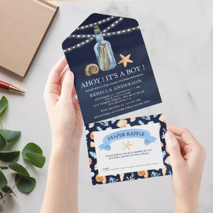 Invitación Todo En Uno Ducha de bebé vintage azul marino con mensaje en u