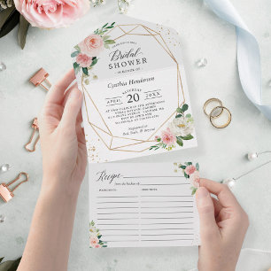 Invitación Todo En Uno Ducha nodal floral geométrica de Rubor con receta