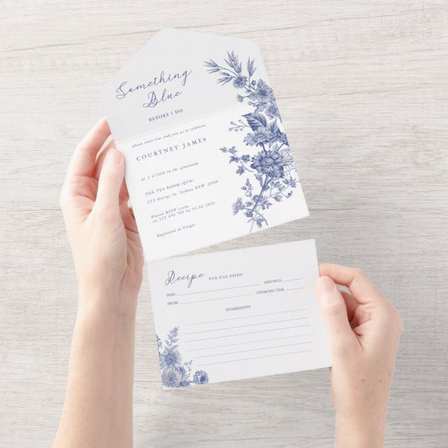 Invitación Todo En Uno Ducha nupcial azul azul de tela azul francesa (desgarro)