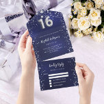 Invitación Todo En Uno Dulce 16 estrellas de plata azul marino rsvp<br><div class="desc">Un fondo azul marino,  decorado con estrellas. El color azul es desigual. Personalice y agregue nombres,  detalles del fiesta,  fecha RSVP,  dirección de devolución y nombre. El número 16 se escribe con un tipo de letra de estilo globo.</div>