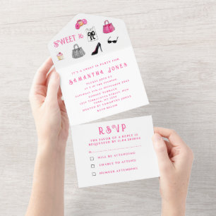Invitación Todo En Uno Dulce 16 Moda Rosa Cute Dieciséis Girly Elegante