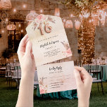 Invitación Todo En Uno Dulce 16 pampas rosa de flores rosadas RSVP<br><div class="desc">Un marco rústico de color oro subió y degradado de color rosa oscuro,  decorado con flores rosadas y pasto de pampas. Personaliza y agrega tu nombre,  y los detalles. Letras de color negro. El número 16 está escrito con un tipo de letra subió de globos dorados.</div>
