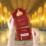 Invitación Todo En Uno Dulce 16 purpurina de vestido dorado rojo RSVP<br><div class="desc">Un fondo rojo decorado con un falso purpurina dorado,  chispas y un vestido dorado. Personaliza y agrega tu nombre,  y los detalles. Letras de color blanco.</div>