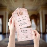 Invitación Todo En Uno Dulce 16 rosa oro brillo fiesta RSVP<br><div class="desc">dorado Rosa,  fondo de color rosa,  decorado con finos destellos purpurinas en el interior. Personalice y agregue una foto,  nombres,  detalles del fiesta,  fecha RSVP,  dirección de retorno y nombre. El número 16 se escribe con un número de estilo de globo.</div>