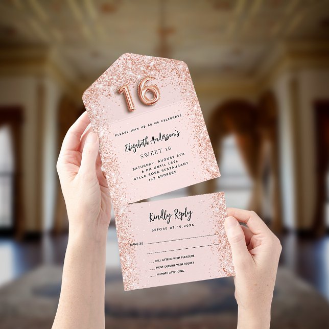 Invitación Todo En Uno Dulce 16 rosa oro brillo fiesta RSVP (Subido por el creador)