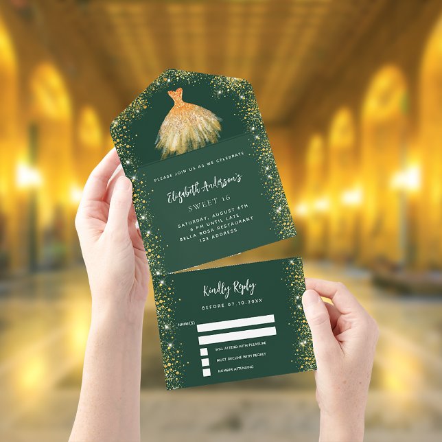 Invitación Todo En Uno Dulce 16 vestido de oro verde esmeralda purpurina  (Subido por el creador)