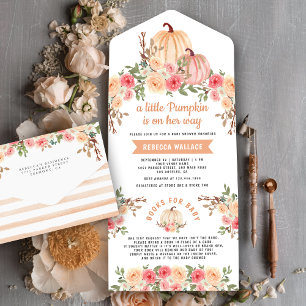 Invitación Todo En Uno Dulce Calabacita Rosa y Floral de Melocotón para B