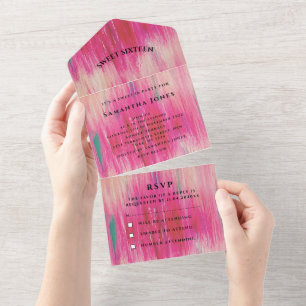 Invitación Todo En Uno Dulce Dieciséis Acuarela Girly Bonito Rosa Todo En