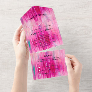 Invitación Todo En Uno Dulce Dieciséis Acuarela Giro Bonito Rosa