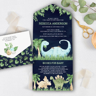 Invitación Todo En Uno Dulce Dinosaurio Durmiendo Azul Marino Baby Shower