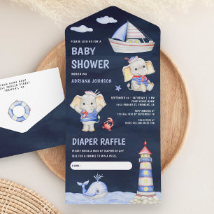 Invitación Todo En Uno Dulce Elefante Barco Náutico Azul Marino Baby Show