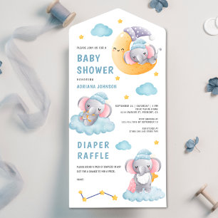Invitación Todo En Uno Dulce Elefante Durmiendo Media Luna Baby Shower