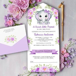 Invitación Todo En Uno Dulce Elefante Floral con Lazo Morado para Baby Sh