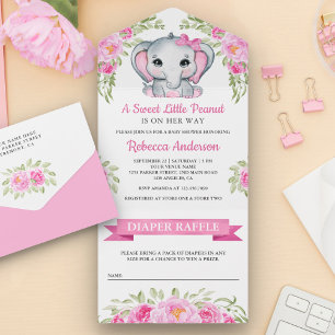 Invitación Todo En Uno Dulce Elefante Floral con Lazo Rosa para Baby Show