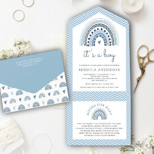 Invitación Todo En Uno Dulce Fiesta de Bebé Boho Arcoíris Acuarela Azul A