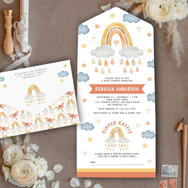 Invitación Todo En Uno Dulce Fiesta de Bebé Boho Rústico Arcoíris Gotitas (Subido por el creador)