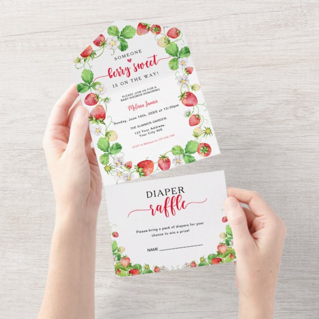 Invitación Todo En Uno Dulce Fiesta de Bebé de Fresa (desgarro)