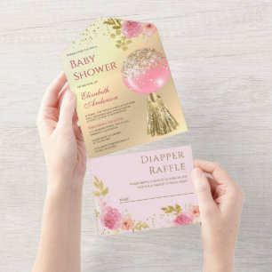 Invitación Todo En Uno Dulce globo floral rosa con hoja dorada para baby