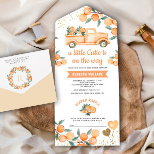 Invitación Todo En Uno Dulce Naranja Cítrico Camión Fiesta de Bebé