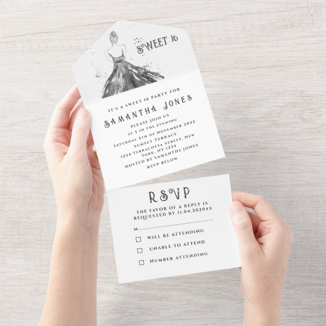 Invitación Todo En Uno Dulce negro 16 Floral Dieciséis Girly Elegante (desgarro)