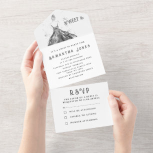 Invitación Todo En Uno Dulce negro 16 Floral Dieciséis Girly Elegante