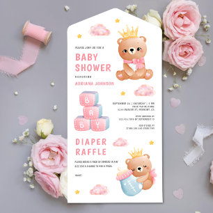 Invitación Todo En Uno Dulce Oso de Peluche Rosa Reina Chica Baby Shower