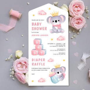 Invitación Todo En Uno Dulce Reina Rosa Koala Oso Niña Baby Shower